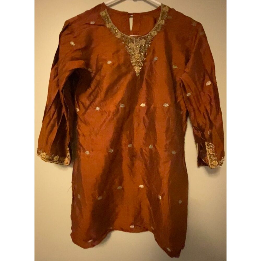 Traditional Beaded Rusty Brown Copper Orange Indian Embroidered 3/4 Sleeve Top